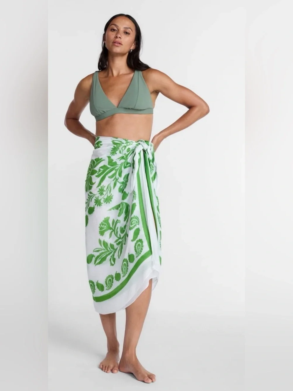 Time and Tru White & Green Floral Swim Sarong Cover-Up